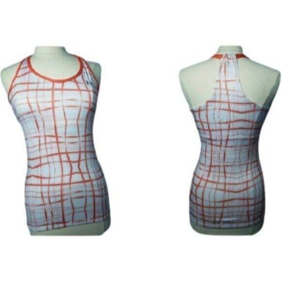 Under Armour Womens T-Back Tank S Orange Plaid Built-In Shelf Bra Athletic Top - Picture 8 of 9